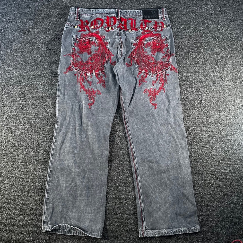 Clench Jeans Mens 38x32 Grey Red Royalty Embroidered Studded Y2K Baggy Good